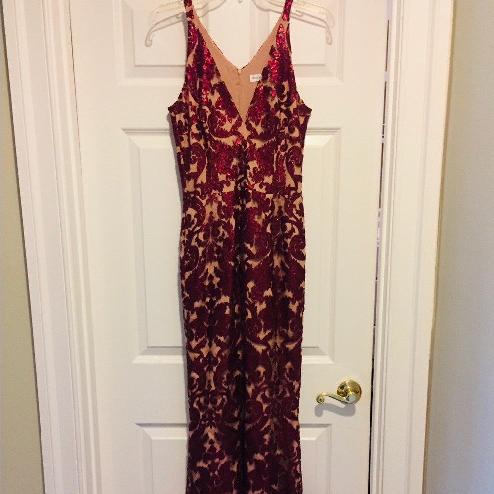 Full length red and beige sequin dress. Size M.